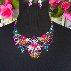 Multi color Rhinestone Chunky Bib Necklace Earring Set Crystal  New